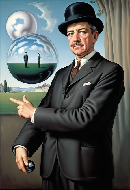 lazympos, rené magritte, pointing at large chrome sphere, looking at viewer, facing viewer, man, bowler hat, moustache, surrealism