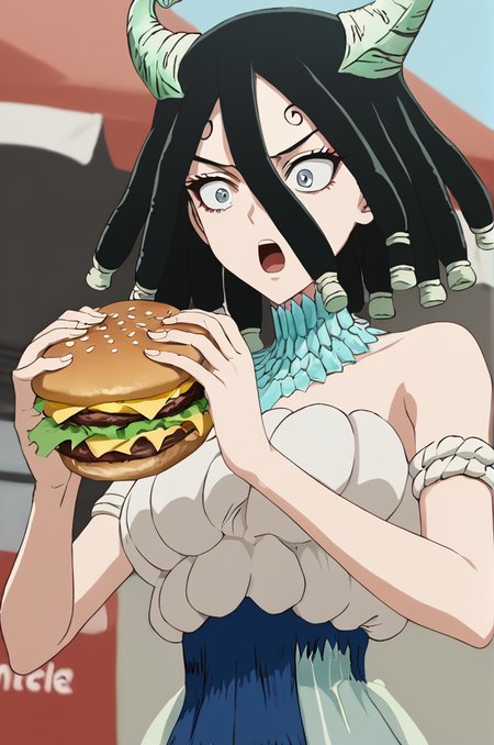 score_9, score_8_up, score_7_up, illustration, source_manga, rating_safe, r3tr0XLP ,<lora:r3tr0XLP:0.7> 1girl, solo, slimes_kirisame, hair between eyes, black hair, dreadlocks, smooth horns, grey eyes , surprised expression, mouth open, shout,  upper body,  <lora:SlimesKirisame:1.0>, break, at a mcdonalds, hands raised, holding a burger