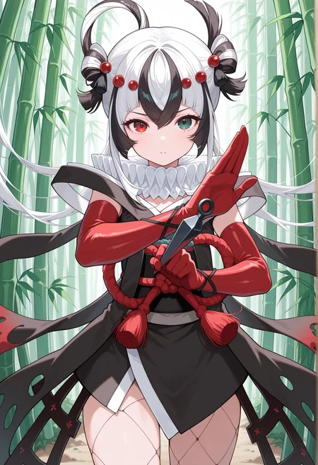 1girl, arthropod girl, multicolored hair, black hair, white hair, very long hair, hair ring, heterochromia, red eyes, green eyes, asymmetrical legwear, japanese clothes, kimono, white collar, elbow gloves, red gloves, holding kunai, outdoors, cowboy shot, bamboo forest, fighting stance,  <lora:kashin_koji_illus:1>, masterpiece, best quality, amazing quality, very aesthetic, absurdres, highres, newest