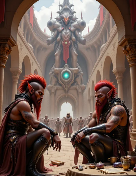 <lora:Vultarites_Flux:1>, redhead, elf ears, leggings, (topples:1.8), hip belts, tactical belts, gold jewelry, <lora:Huge_futanari_bulge_for_FLUX:1>, <lora:hsn4ts:1>, HS28008, HSstsaerb, HSselppin, HSealoera, <lora:MysticXXX-V6:0.7>, 
(masterpiece, ultra-detailed, cinematic lighting, 15th-century fortified city merged with alien tech), 
A Vultarites male scholar debates with a cloaked oracle vendor beneath towering aqueducts. Ancient scrolls, glowing tablets and crystal tools are laid out on tables. In the, 
Background, the Eternal Walls gate â an impossibly tall alien wall fused with baroque arches and floating runes. Civilians pass by in layered robes and metallic harnesses. Red banners flutter in the wind.