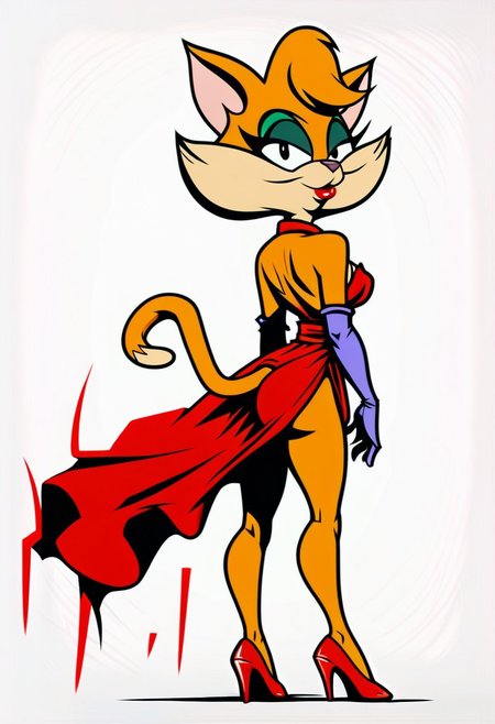 score_9, score_8_up, score_7_up, score_6_up, score_5_up, score_4_up, retro artstyle, BREAK 
Tabitha_Fantomcat,cat girl,short hair,1girl, solo, dress, makeup,cat tail, furry, furry female,black eyes, high heels, gloves, elbow gloves, red dress, eyeshadow, backless dress, white background, backless outfit,short hair, animal ears, breasts, simple background, red footwear, purple gloves, looking at viewer, lipstick, full body, looking back, ass, standing, bare shoulders
<lora:tabitha-v1:1>