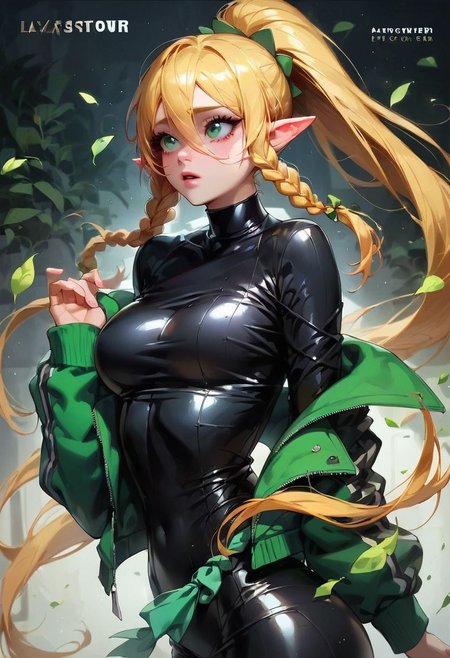 (masterpiece, best quality), 1girl, collarbone, {leafa, green eyes, blonde hair, ponytail, long hair, hair between eyes, bangs, twin braids, pointy ears,((black lather jacket,black latex t-shirt))
score_9, score_8_up, score_8_up, layering, 1girl,  exposed, large soft breast, slender body, ultra detailed,(g0thicPXL:0.3), <lora:g0th1cPXL:0.3>, cover,  exaggerated proportions, long hairs , blond hair, medium breasts ,large elastic buttocks, round bubble ass,  (ultra wide angle shot:0.65), shallow depth of field, smooth skin texture, alluring curves, tasteful sensuality, softcore, Expressiveh