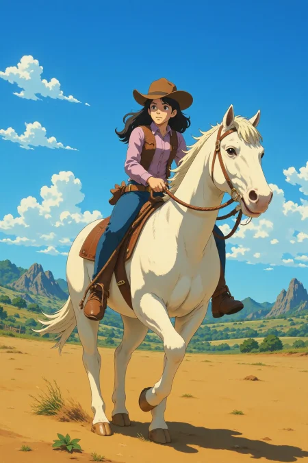 a cowboy riding a horse in a rodeo beautiful  anime landscape, bright sunny sky, woman, very intricate, very detailed, sharp, bright, colorful, <lora:Hand v2:0.5> <lora:Anti-Blur:1><lora:Insane Detail Slider:0.25>  <lora:flux.1_lora_flyway_Epic-detail_v2:0.3> <lora:fluxenhancer:0.25> <lora:ROWER:0.6> <lora:Ghibli:0.8> Ghibli style