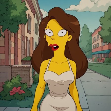 score_9, score_8_up, score_7_up, 1girl, maya, dwarf, little person, brown hair, long hair, yellow skin, colored skin, lipstick, medium breasts, narrow waist, wide hips, looking at viewer, highres, high quality, masterpiece, <lora:Maya_The_Simpsons:1>