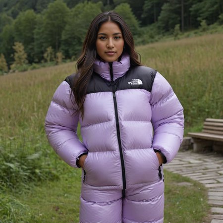 (full body shot) cute two south american short women wearing Ethnic-inspired patterns (Indian, African, Native American)   tnf_nuptse jacket and thick puffy double layered tnf_nuptse parkasite downsuit glosssuit, hyperdetailed photography,4k textures,intricate details,4k resolution   <lora:pufferdown_tnf_nuptse:0.5>, cinematic still <lora:Parkasite_XL-000010:0.6>