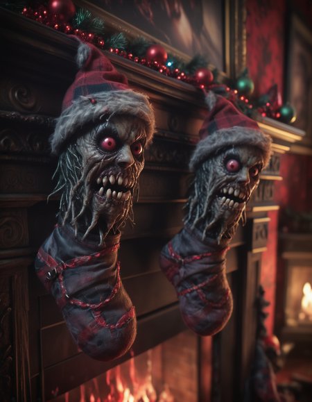 Horror-themed cinematic film still, christmas stocking monsters hanging on fireplace mantel, christmas tree and stockings, dynamic lighting, photorealistic dark fantasy concept art, trending on art station, stunning visuals, creative, cinematic, ultra detailed, scary art, monster high budget, bokeh, cinemascope, moody, epic, gorgeous, film grain, grainy . Eerie, unsettling, dark, spooky, suspenseful, grim, highly detailed
