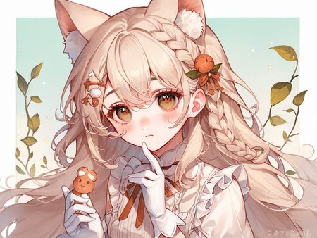 score_9, score_8_up, score_7_up, score_6_up, score_5_up, score_4_up,
<lora:cute_style_pony_v2:0.6>,CuteStyle,cuteeyes,
 1girl, animal ears, solo, braid, sample watermark, hair ornament, long hair, holding, gloves, white gloves, blush, looking at viewer