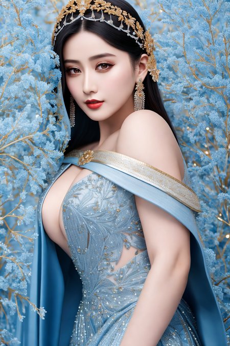 Masterpiece, high quality, 4K, beautiful design, shiny, from the front, award winning photo, extremely detailed, amazing, fine detail, absurdres, highly detailed woman, extremely detailed eyes and face, by lee jeffries nikon d850 film stock photograph 4 kodak portra 400 camera f1.6 lens rich colors hyper realistic lifelike texture dramatic lighting unrealengine trending on artstation cinestill 800 tungsten, solo, 1girl,
fanbingbing, a woman in a white dress, standing in front of a blue wall , wearing fanbingbing fashion, golden jewelery, floral embroidery
 <lora:FanFashion:0.825>