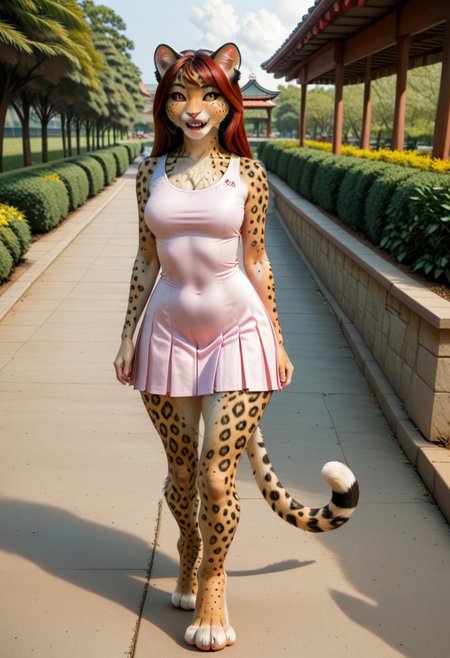 A 35mm photo of a petite beautiful 40 year old redhead, she is an anthropomorphic  asian leopard cat,  asian leopard cat nose,  asian leopard cat teeth,  asian leopard cat face, green asian leopard cat eyes, freckles,  asian leopard cat fur all over her body, walking in a park, she is surrounded by pretty wildflowers,  asian leopard cat tail, petite round hips, soft flat tummy, soft curvy petite thighs,  petite c-cup breasts, wearing a pink tennis dress, she is a  asian leopard cat,  asian leopard cat tail, small pawlike hands, digitigrade  asian leopard cat feet, no shoes, brown asian leopard cat fur, tennis dress
