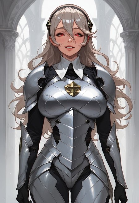 (score_9, score_8_up, score_7_up), 1girl, solo, (Corrin female from fire emblem fates), grey hair, long hair, red eyes, Fantasy, Mature Woman, fit body, massive Natural breasts, very soft breasts, Pale skin, thick ass, wide hips, big round bubble butt, thick thighs, skindentation, big pleading eyes, pursed lips, parted lips, raised eyebrows, high quality, vivid colours, g0thicPXL, lilandavastyle, possmach, detailed Background, sweaty, home, room, (realistic)),, smile, ((huge Natural breasts), athletic, ((silver armor), smile, DefCor,
