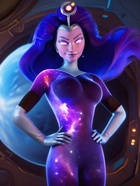 score_9, score_8_up, score_7_up, 1girl, naughty face, sexy pose, hands on hips, looking at viewer, space, dynamic pose, cowboy shot,
 <lora:ASuperNova_character:0.8>, SuperXLP, colored skin, no pupils, purple hair, long hair, purple skin, bodysuit, elbow gloves, glowing, cartoon, <lora:DisneyStudios_style:0.8> DisneyStyleXLP, cartoon, cute, cinematic, 3d
