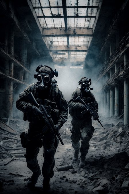 A group of special forces soldiers in gas masks exploring a derelict nuclear power plant, aiming assault rifles, toxic gas, unstable structures, radiation, reactor,
cinematic, realistic, atmospheric, tense, dark, shadows