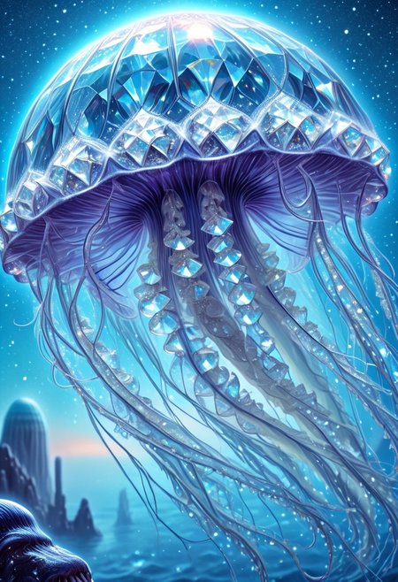 lazympos, celestial jellyfish,gelatinous body refracting starlight,diamond tendrils drifting in cosmic oceans,alien ruins below,ethereal glow,otherworldly realism,diamondMW,countless diamonds