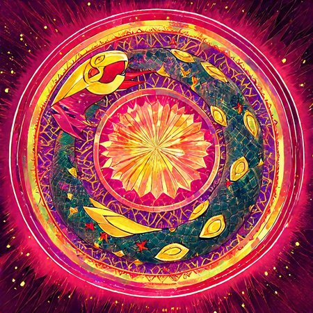 score_9, score_8_up, score_7_up, colored Mandala style, medium stylized pattern, (deep_purple base, black, red, and gold details), (glowing_golden_elements:1.2), Seviper, serpentine, vertical_figure_eight_pattern, intricate_design, symmetrical, traditional_mandala, luminous, mystical, highly_detailed, geometric_patterns, harmonious_composition, masterpiece, balanced,  artistic, reverence, best quality, absurdres, highly detailed,