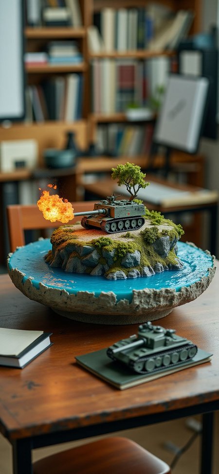 (indoor,very wide isometric view,tilt-shift lens:1.6), (windowless,miniature,miniature,diorama,miniature,diorama,PVC,plastic:2) ,  self propelled caterpillar artillery with hummer with flame at (floating island,levitating  island:1.5) on (table:2) at (study:2.5)   <lora:Diorama_Flux:1>