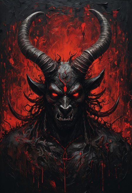 Abstract representation figure portraying a Devilish entity with big horns, big red eyes, black skin with high detail looking straight at the camera, the background is abstract and messy and the entity is really vivid and is staring right at you, every part of the image has high detail and the illumination is really bad. High use of the colors black and red in different tones. There are hidden messages in the image. Ugly, Gloomy, Weird, Abstract, Moody.