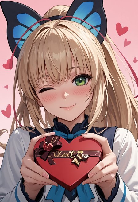 score_4,score_5,score_6,score_7_up,score_8_up,score_9 ((masterpiece,best quality,ultra detailed,highres,HD,4k:1.2)), 
1girl, solo,solo focus,girl focus,face focus,
Lumen, blonde hair, light blonde hair, long hair, bangs, green eyes, ponytail, butterfly hair ornament, antennae,
pov,from the front, front view, front angle, 
Happy Valentine's Day, Valentine's chocolate, holding wrapped chocolate, 
heart background, 
blush,((wink:1.1)), smile, happy, shy,closed mouth,