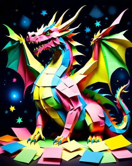 a massive colorful dragon made out of Jed-StickyN, dynamic pose, fantasy, epic, ultra wide shot, zoomed out, front view, 
<lora:StickyNotesStyle:1>,  <lora:add-detail-xl:0.7>,  <lora:sd_xl_dpo_lora_v1:1>, <lora:xl_more_art-full_v1:0.3>,  set against a  background of a starry sky, <lora:- SDXL - vanta-black_contrast_V3.0:0.7>