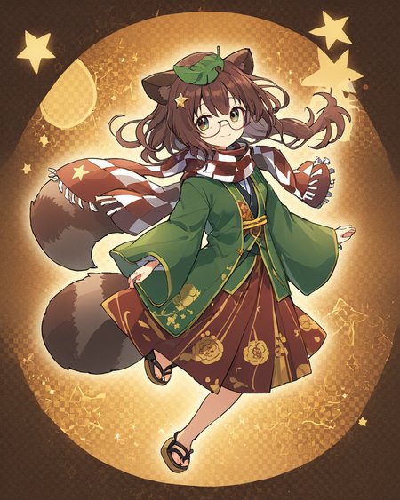 futatsuiwa mamizou,1girl, glasses, leaf_on_head, raccoon_tail, smile, scarf, japanese_clothes, solo, looking_at_viewer, checkered_clothes, skirt, long_sleeves, sandals, full_body, wide_sleeves, leaf_hair_ornament
<lora:futatsuiwa_mamizou_image2346_2023-12-20-000010:1>,star-shaped_pupils,symbol-shaped_pupils,. gorgeous,key visual, vibrant, studio anime,award-winning, professional, highly detailed,high budget, cinemascope