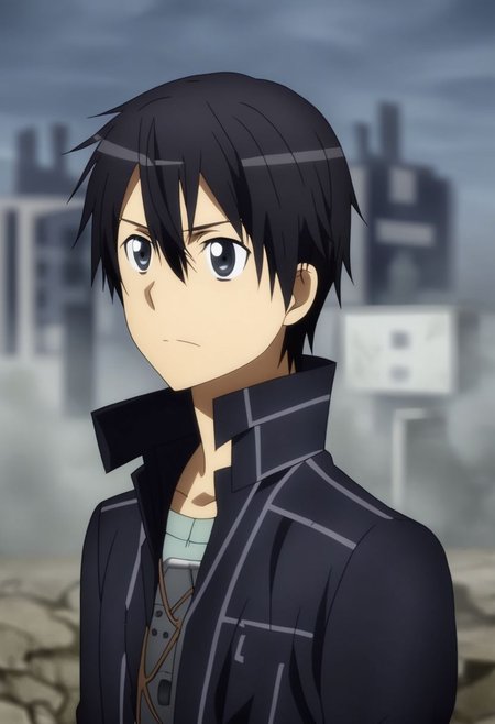 high resolution, professional photography, solo, best quality, 1Boy, Kazuto Kirigaya, Black Hair, Black Eyes, shallow depth of field, Post-Apocalyptic, survival, OverallDetail