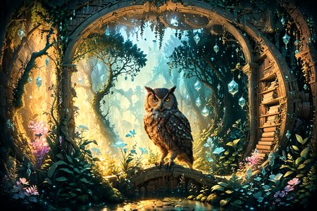 An ancient library hidden within an enchanted forest, illuminated by bioluminescent plants and floating crystals, as seen through the eyes of a curious owl at twilight. <lora:Lost_In_Dreams:0.7> <lora:xl_more_art-full_v1:0.6>, (masterpiece:1.2), best quality, (hyperdetailed, highest detailed:1.2), high resolution textures