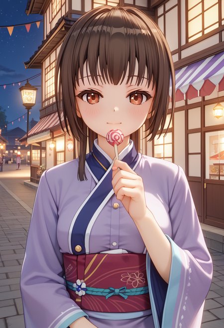 score_9, score_8_up, score_7_up, BREAK source_anime, (masterpiece), (best quality), 1girl, chihara_yukine, purple colored kimono,  red colored eyes, brown colored hair, holding candy, looking at viewer, blush, closed mouth, (ultra detailed), happy mood, night market, nighttime, upper body only,  <lora:chihara-local:0.9>