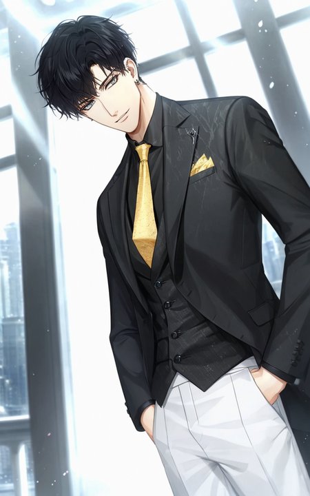 8k, best quality, masterpiece, (ultra-detailed), 
smile, (standing, medium shot, looking at viewer, white background, clean background:1.5), (pseudo-impasto:0.7), (by ask:0.5), (by rella:0.3), (by mochizukikei:0.3), high resolution, intricate details, solo, close up shot, 
<lora:xiaoyi-neta-Tanger-000014:0.8>, 1boy, xiaoyi, male focus, short hair, balck hair, 
necktie, yellow necktie, formal, black shirt, pants, shirt, suit, white pants, jacket, vest, earrings,
