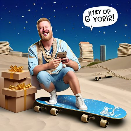 chest hair, smile, box, smartphone, book stack, building, one eye closed, shoes, pointing at viewer, pointing, night sky, sand, microphone, earrings, skateboard, gift, animal print, realistic