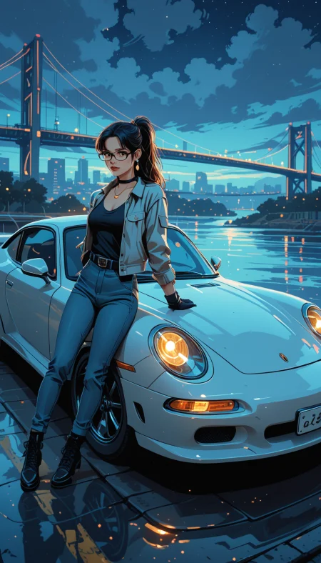 masterpiece, Shinkaistyle,
pinkretroanime, retro art,
Cyberpunk Style, cyberpunk, science fiction, hi tech, future tech, neon, (Cybernetics:1.25), (Neon Cityscape:1), (lineless:1.5), smooth edges, tall body, slender body, fit body, long legs, The image portrays a dynamic night scene featuring a female character standing confidently beside a silver sports car, porsche carrera 924s. The character has dark hair and is dressed in a black and white top, blue jeans, and black boots. She holds her left hand on her hip while leaning slightly forward with her right arm resting on the car's door. The car itself is sleek and well-maintained, with the brand visible on its side. The character appears to be in motion, possibly posing for a photo, given the dynamic pose. Behind her, a city skyline stretches across the background under a canopy of dark blue night skies. The bridge is illuminated by street lights, creating a soft glow against the night. The image has a cinematic quality to it, with a focus on light and shadow that emphasizes the character and her car. The lighting is artificial, coming primarily from the car's headlights and the city lights, which contrast with the darker areas of the photo to create depth. There are also subtle reflections on the wet road, suggesting recent rainfall, which adds a reflective quality to the overall composition. The style of the image is reminiscent of promotional car photography, enhanced by the inclusion of a human element in the form of a model. The use of vibrant colors and high-quality lighting creates a sense of realism and suggests an urban environment after dark., 1girl, solo, long hair, breasts, looking at viewer, smile, bangs, brown hair, shirt, black hair, gloves, long sleeves, cleavage, brown eyes, jewelry, medium breasts, closed mouth, standing, collarbone, jacket, full body, ponytail, earrings, boots, outdoors, open clothes, sky, shoes, glasses, choker, belt, pants, cloud, water, necklace, black footwear, black eyes, collar, open jacket, tree, sketch, looking to the side, black shirt, night, glowing, arm support, black choker, white jacket, cloudy sky, denim, blue jacket, ground vehicle, building, star \(sky\), night sky, scenery, motor vehicle, reflection, jeans, city, grey jacket, fence, railing, blue pants, leaning back, car, bridge, vehicle focus, ripples, river, city lights, lights, leaning on object, sports car, reflective water, denim jacket