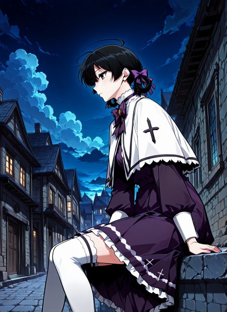 <lora:Asmodeus___Omniscient_Readers_Viewpoint__Illustrious:1>
solo, black hair, black eyes, short hair, twintails, braid twin braids, bangs, ahoge, hair between eyes, hair rings,
purple dress, frilled dress, bow, hair bow, long sleeves, purple bow, frills, purple bowtie, thigh-high socks, white capelet
score_9, score_8_up, score_7_up, score_6_up, source_anime, masterpiece, best quality, absurdres, highres, newest, anime coloring <break>  1girl, solo, sitting, on wall, from side, town, night sky, cloud, <lora:iLLMythG0thicL1nes:1>