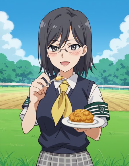 score_9, score_8_up, score_7_up, source_anime, <lora:mii-konori-s1-ponyxl-lora-nochekaiser:1>, mii konori, short hair, black hair, black eyes, glasses, hair between eyes, mature female, anime screencap,, skirt, school uniform, plaid skirt, armband, sweater vest, neckerchief, yellow neckerchief, green armband, pleated skirt,, field, grass, open space, farming, crops, , <lora:incoming-spoon-ponyxl-lora-nochekaiser:1> incoming food, spoon, holding, holding spoon, food, looking at viewer, open mouth, blush, smile, restaurant, plate, hand up,, looking at viewer, solo,, dutch angle, cowboy shot