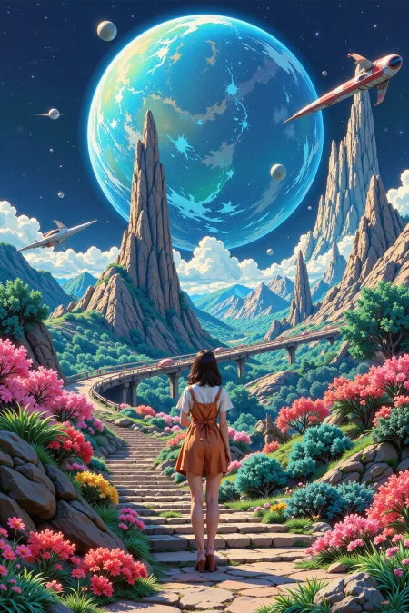 space port beautiful  landscape, day, woman, very intricate, very detailed, sharp, bright, colorful, <lora:Hand v2:0.5> <lora:Anti-Blur:1><lora:Insane Detail Slider:0.25>  <lora:flux.1_lora_flyway_Epic-detail_v2:0.3> <lora:fluxenhancer:0.25>   <lora:anime_retro:1> anime_martz, anime_retro