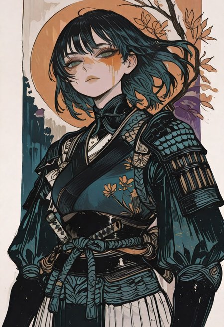1girl, solo,
samurai,
medium chest,
dynamic composition,
detailed eyes, looking at viewer,

painted background,

Kenorland, kenorland, artist:moriimee