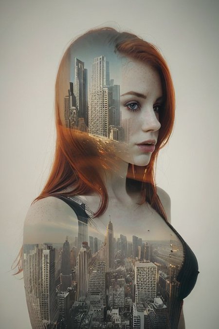 dbl3xp0 artstyle, portrait of redhead woman, breasts, city double exposure