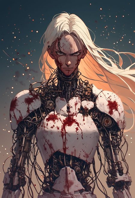 hkmecha, score_9, score_8_up, hkstyle Gothic Android Batman berserk, Closeup, Blood, gore,.scratched, kentaro miura Style, anime, Long Hair, black purple, baroque style, reelmech, mechanical parts, cable, wires, machinery, joints, fight stance, Closeup Portrait, fists Up, Action Scene, floating particles,