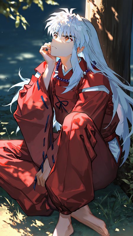 (artist:[diyokama|fuzichoco|yoneyama mai|lam \(ramdayo\)|quasarcake]:0.8), (takahashi rumiko \(style\):1.2),
inuyasha \(character\), long hair, 1boy, white hair, japanese clothes, barefoot, male focus, solo, full body, wide sleeves, red pants, long sleeves, ribbon-trimmed sleeves, closed mouth, fang, looking up,
back against tree, tree shade, leaning against tree,
dawn, dark, backlighting, depth of field, outdoors,
masterpiece, best quality, very awa, absurdres
<lora:noobai_vpred_1_inuyasha_v1:1>
<lora:noobai_vpred_1_masterpieces_v1:1>