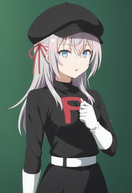 score 7 up, solo, source anime, 1girl, , <lora:alya.pony:1> alya, , <lora:team-rocket-uniform-ponyxl-lora-nochekaiser:1> team rocket uniform, black hat, black shirt, black skirt, white belt, white gloves, single letter,,