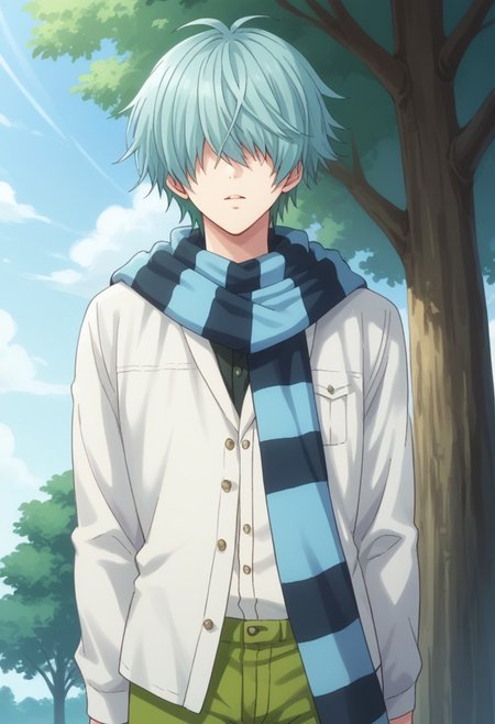score_9, score_8_up, score_7_up, source_anime, highly detailed, 
kouta, 1boy, solo, scarf, male focus, hair over eyes, striped, aqua hair, striped scarf, pants, green pants, jacket, white jacket, upper body,
outdoor, sky, tree