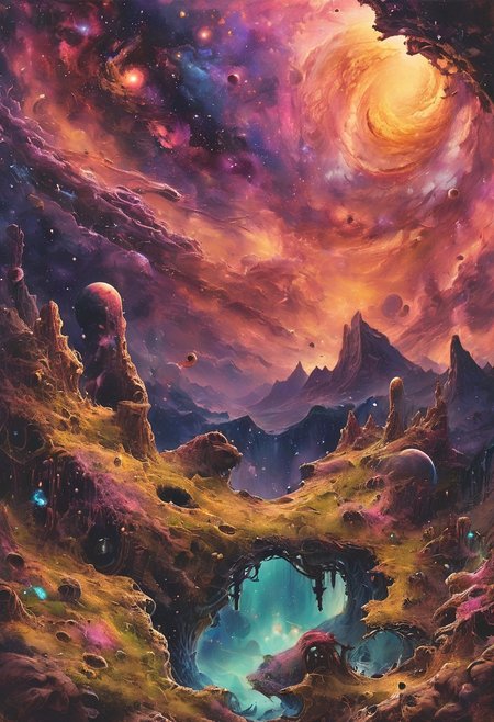 a time warped personal devices working, presentable, heaven condition, panorama, lush landscape, cosmic nebulae,  <lora:SDXL_DFxnk_design:0.8> DFxnk design,  <lora:XSfenlie:0.3> fenliexl
