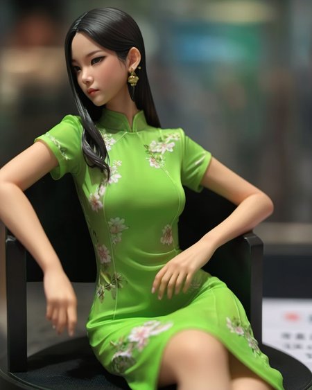 resin material style, close up,  female character, revealing futuristic outfit, long dark hair, dramatic pose, smooth skin tones, green cheongsam, high level of detail, <lora:è¶ä½¬V1:0.7>
