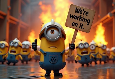 Cartoony style, a worried minion dressed as engineer looking at camera with a thumb up holding a sign that reads "We're working on it", behind him there are several minions running around with their hands on the air screaming in fear and shock in a lab full of fire, crowd of minions running away
