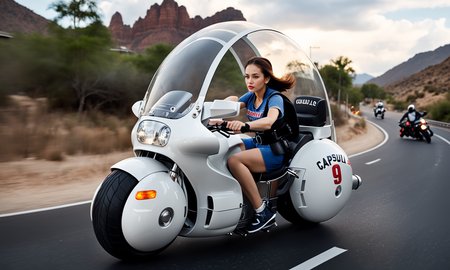 cinematic still of woman driving large round motorcycle with a windshield,  best quality, highly detailed, bokeh, <lora:cap9motosdxl:0.8>, black simple background, text "Capsule 9", beautiful landscape, cinematic lighting,