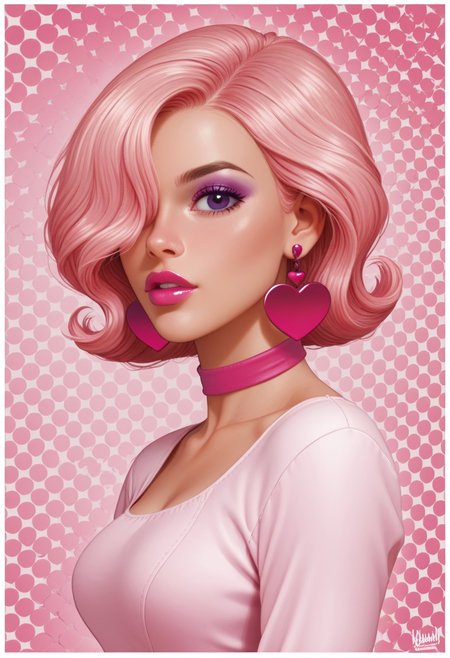 score_9, score_8_up, score_7_up, abarbucci-dh, (portrait shot:1.1), 
1girl, venusmwatgg, 1girl, solo, pink hair, hair covering one eye, purple eyes, purple eyeshadow, hot pink lipstick, heart earrings, hot pink choker, pink dress, long sleeves, 
sexy pose, halftone effect, white borders, abstract background:1.2