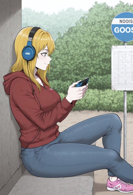 masterpiece, best quality, amazing quality, absurdres, 

j1nm1ny0ung, n0rj1n, 1girl, solo, blonde hair, long hair, grey eyes, collarbone, large breasts, red jacket, hooded jacket, jeans, denim, pink footwear, asics,

headphone, holding handheld game console, playing game, sitting, happy, sitting, bus stop, noon, from side, profile,
