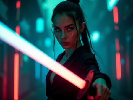 long shot scenic professional photograph of cinematic film still Volumetric Lighting, DMT Art Style, action scene of  high quality woman  holding a sci-fi cyberpunk design glowing katana, a mesmerizing 20-year-old woman with a futuristic beauty and green eyes, , bright colors, surreal visuals, swirling patterns, DMT art style, light depth, dramatic atmospheric lighting, Volumetric Lighting, shallow depth of field, vignette, highly detailed, high budget Hollywood film, bokeh, cinemascope, moody, epic, gorgeous, film grain, perfect viewpoint, highly detailed, wide-angle lens, hyper realistic, with dramatic sky, polarizing filter, natural lighting, vivid colors, everything in sharp focus, HDR, UHD, 64K