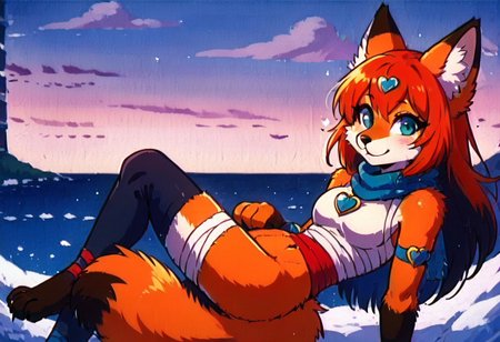 sfxm, anthro, female furry, fox, fox tail, fox ears, body fur, fluffy, paws, scarf, heart-shaped pendant, leg wrap, bandages, looking at viewer, cute style, dic style, super show, smbss style, vintage, cartoon