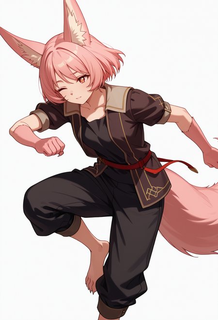 Smooth Quality,masterpiece,very intricate, high quality details, ultra realistic, high detailed skin,detailed enviorement,absurdres,
simple background, white background, dancing, solo,front view,
 <lora:Til_CNR:0.8> til_cnr, 1girl,pink hair, short hair, bangs, red eyes, animal ears, fox ears, animal ear fluff, fox tail, furry female, animal hands, claws, black shirt,open jacket,puffy short sleeves,black pants, belt,barefoot,, light smile,, ;o,