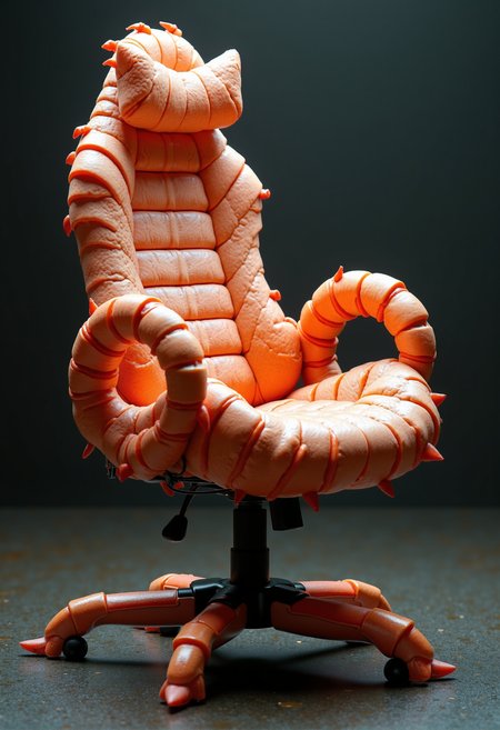 A gaming chair entirely made of shrimp, crafted into a surreal and organic design. The tall, curved backrest is formed from overlapping shrimp bodies, their segmented forms creating a natural, flowing texture. Their curled shapes interlock seamlessly, resembling an intricate, biological exoskeleton. The seat is plush and rounded, made of plump, juicy shrimp, stacked in a way that mimics the softness of cushioned padding. The armrests extend into long, delicate shrimp antennae, twisting gracefully outward. Additional segmented shrimp legs emerge from the sides and base, giving the chair a bizarre, otherworldly presence. The sturdy five-section metallic base with caster wheels is subtly textured to resemble a seafood tray. A deep, dark, and slightly surreal background enhances the chair’s eerie yet strangely appetizing aesthetic.