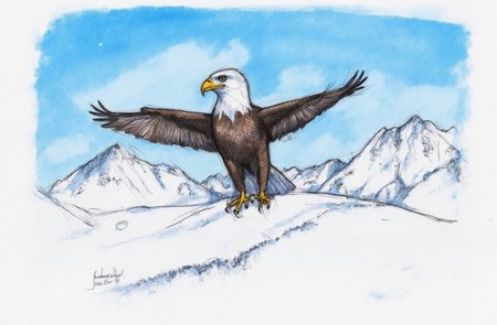 Sharp image of a rough sketch, rendered in vibrant multi colour ballpoint pen, capturing the adorable features of a portait of a bird of prey, specifically an eagle, in flight. The eagle is in the center of the image, with its wings spread wide and its talons extended. It is facing towards the right side of the frame, and its head is turned towards the camera. The background is a snowy mountain range with a clear blue sky. The mountains are covered in snow, and the sky is a bright blue with a few wispy clouds. The image is taken from a low angle, looking up at the eagle and the mountains.  p3nsk, <lora:p3nsk:1>