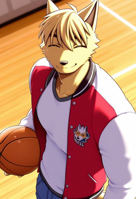 <lora:DanielDxO_ILLXL:1>, daniel, dingo boy, blond fur, blond hair, short hair, dog tail, brown eyes, no humans, perfecteyes, furry male, furry, anthro, 1boy, solo, muscular, athletic build, large pectorals, beautiful, highres, absurdres, hyper-detailed, depth of field, very aesthetic, soft shading, high sharpness, vibrant colors, dynamic angle, semi-realistic lighting, detailed background, basketball court, white shirt, red letterman jacket, open jacket, jeans, from above, portrait, smile, ^_^, upper body, holding basketball